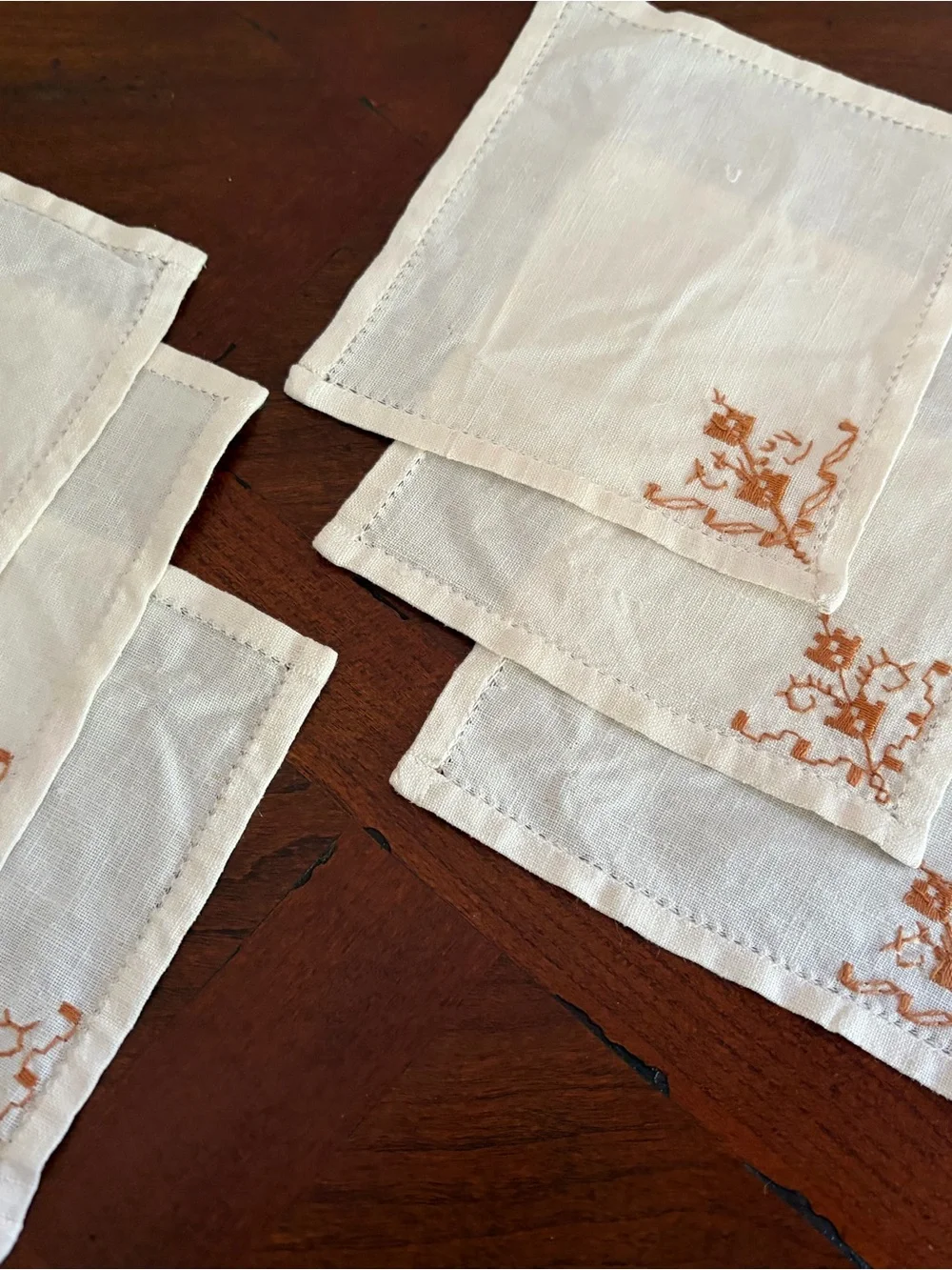 Set of 6 Off White Linen Cocktail Napkins Embroidered Corner